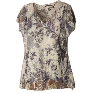 Floral Lace Sparkle Mesh Top M - White Grey Shimmer Tea Party Boho